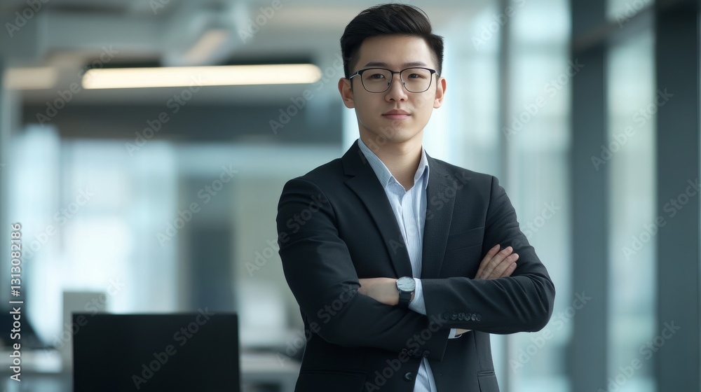Obraz premium 66.A young, focused Asian business professional standing in a sleek corporate office, intently looking at a smartphone in hand, with a laptop and neatly arranged desk in the background.