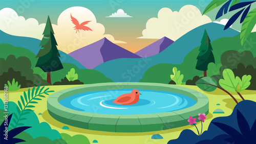 The the helps the client visualize a soothing hot spring surrounded by lush greenery and the sound of birds chirping in the distance.. Vector illustration