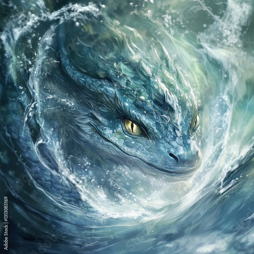 A majestic water dragon emerges gracefully from churning ocean waves photo