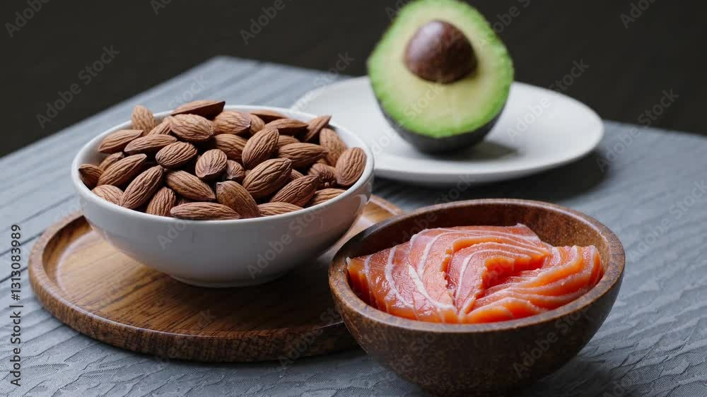 Healthy snacking with almonds, avocado, and salmon for balanced nutrition