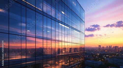 A contemporary office building with a modern glass window exterior, reflecting the city lights at dusk.