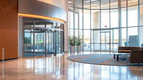 A corporate office lobby with massive revolving glass doors  welcoming employees inside.
