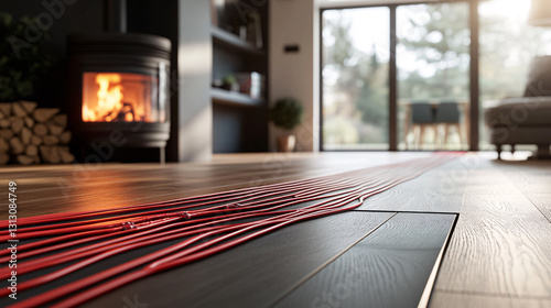 Close-up of vibrant red underfloor heating pipes in a stylish hygge interior space