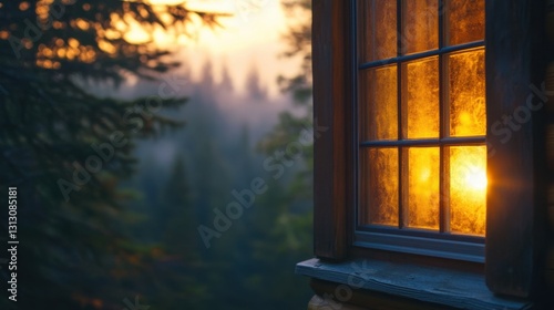 A cozy cabin window overlooking a misty pine forest at dawn  with warm light glowing inside.