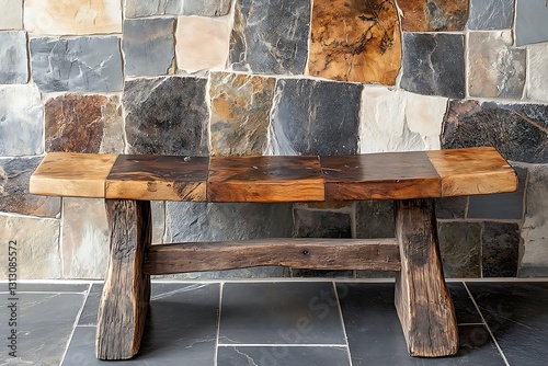 Rustic Wooden Bench Against a Stone Wall