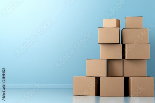Obraz na płótnie Stacked Brown Cardboard Boxes on Light Blue Background in Interior Space w salonie