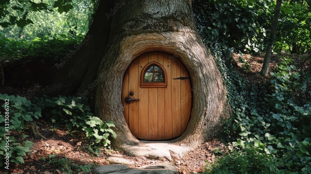 Naklejka premium A fairy tale-inspired wooden door in a tree trunk, nestled in a magical forest setting.