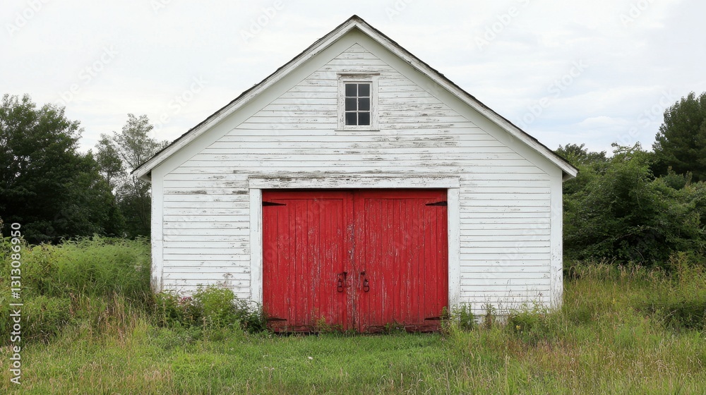 A farmhouse with a bright red wooden door, contrasting against white siding. A farmhouse with a bright red wooden door, contrasting against white siding.