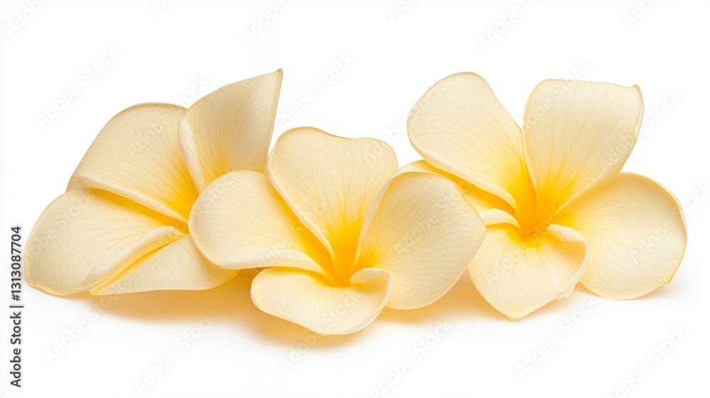 Fototapeta premium Three Pale Yellow Plumeria Flowers On White Background