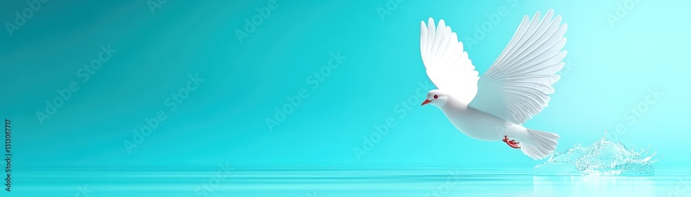 Fototapeta premium Beautiful White Dove Flying Over Calm Aqua Water Surface