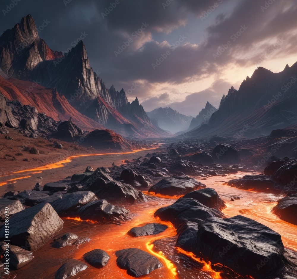 Obraz premium Molten rock flows over rugged dark hills landscape, dark earthy tone, natural landscapes