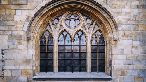 A grand arched window in a historic European building  showcasing intricate stonework.