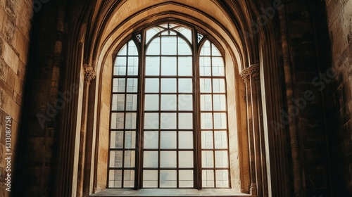 A grand arched window in a historic European building, showcasing intricate stonework.