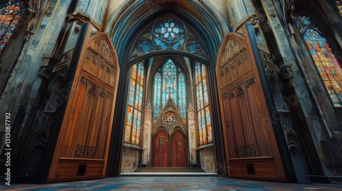 A grand cathedral with massive wooden doors wide open  revealing stained-glass beauty inside.