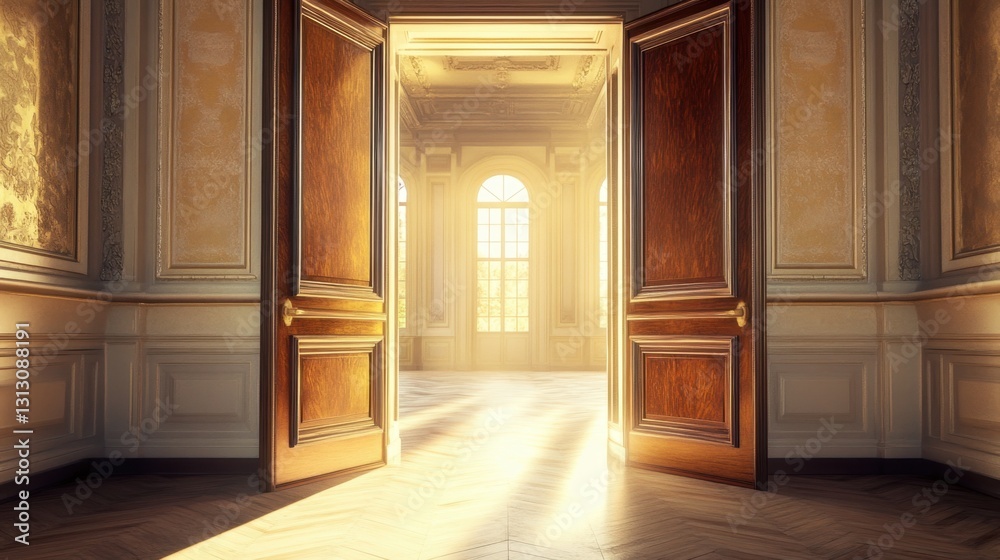 A grand open door in a historic mansion, leading to a luxurious, warmly lit interior. A grand open door in a historic mansion, leading to a luxurious, warmly lit interior.