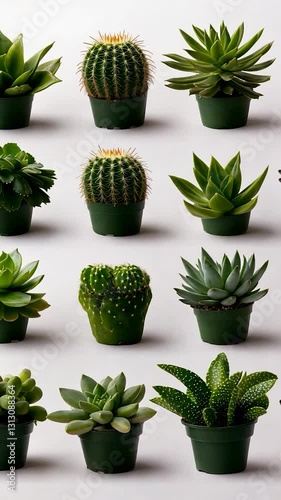 Assorted small succulents and cacti in pots, arranged vertically on a white background. Ideal for showcasing various plant varieties