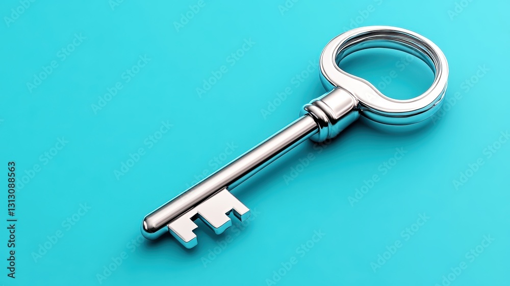 Shiny Metal Key on Vibrant Turquoise Background for Creative Use Shiny Metal Key on Vibrant Turquoise Background for Creative Use