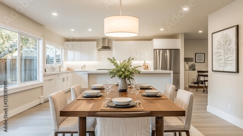 24.A contemporary kitchen space featuring a wooden dining table and modern chairs  framed by pristine white counters  subtle decor elements  and a soft glowing lamp above.