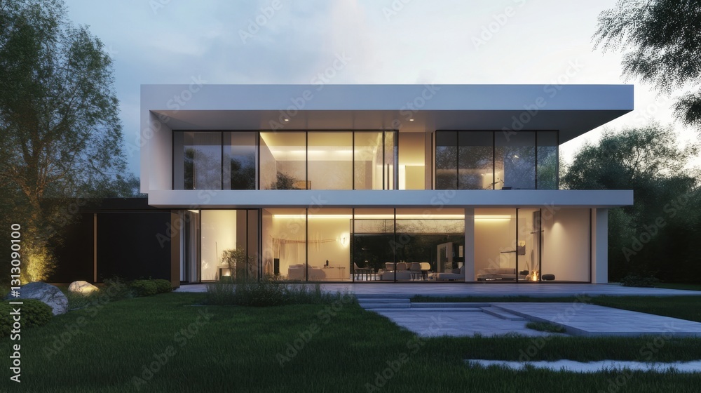 A luxurious modern home with large glass windows, a sleek white exterior, and a minimalist garden. A luxurious modern home with large glass windows, a sleek white exterior, and a minimalist garden.