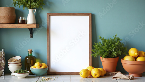 A vibrant Mediterranean-style kitchen with a blank picture frame mockup placed on a tiled countertop photo