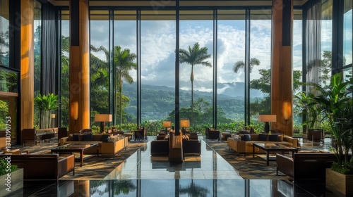 A luxury hotel lobby with floor-to-ceiling glass windows  overlooking a tropical paradise.
