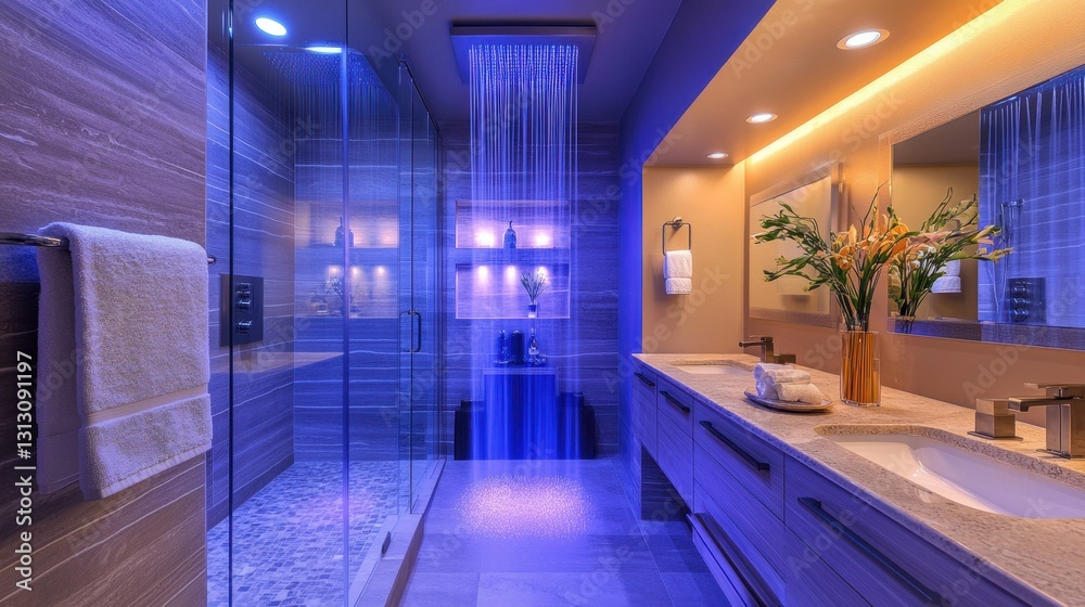 A luxury spa-like bathroom with soft ambient lighting, elegant dcor, and a rainfall shower. A luxury spa-like bathroom with soft ambient lighting, elegant dcor, and a rainfall shower.