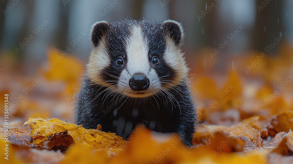 Cute badger cub in autumn leaves. Possible stock photo use Cute badger cub in autumn leaves. Possible stock photo use