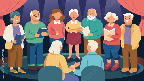 Every Tuesday a group of baby boomer friends get together to practice scenes from their favorite plays reliving their youth through community theater.. Vector illustration