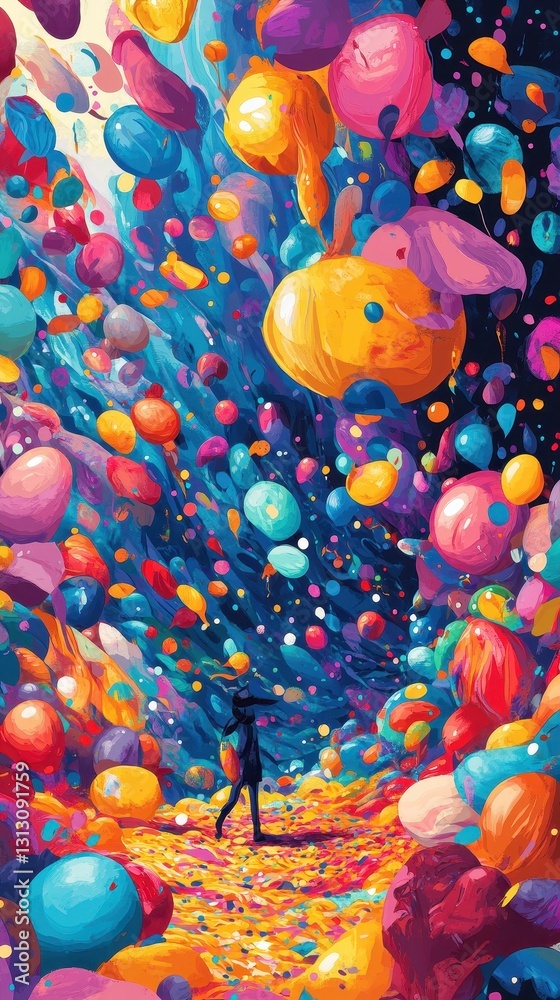 A person walks through a vibrant dreamlike explosion of balloons A person walks through a vibrant dreamlike explosion of balloons