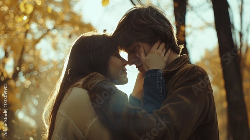 Romantic couple embracing in a sunlit autumn forest, surrounded by vibrant fall foliage and soft sunlight