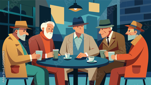 In a cozy corner cafe a group of retired detectives meet to discuss and solve local mysteries keeping their minds sharp and their passion for crimesolving alive.. Vector illustration