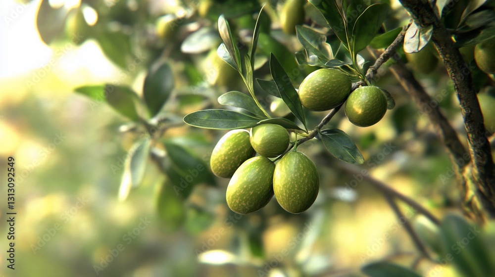 Green olives ripening on branch, orchard sunset Green olives ripening on branch, orchard sunset