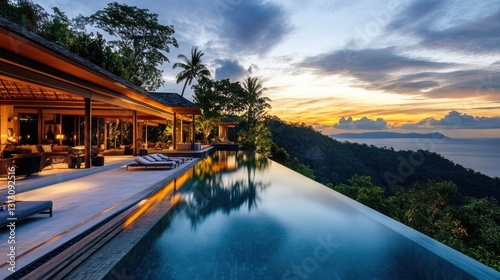 A minimalist luxury villa with an infinity pool, open-concept architecture, and panoramic views.