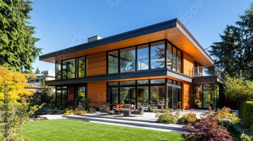 A modern house with energy-efficient tinted windows, designed for sustainability and aesthetics.
