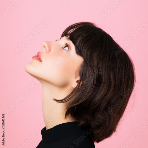 Woman looks up in pink background