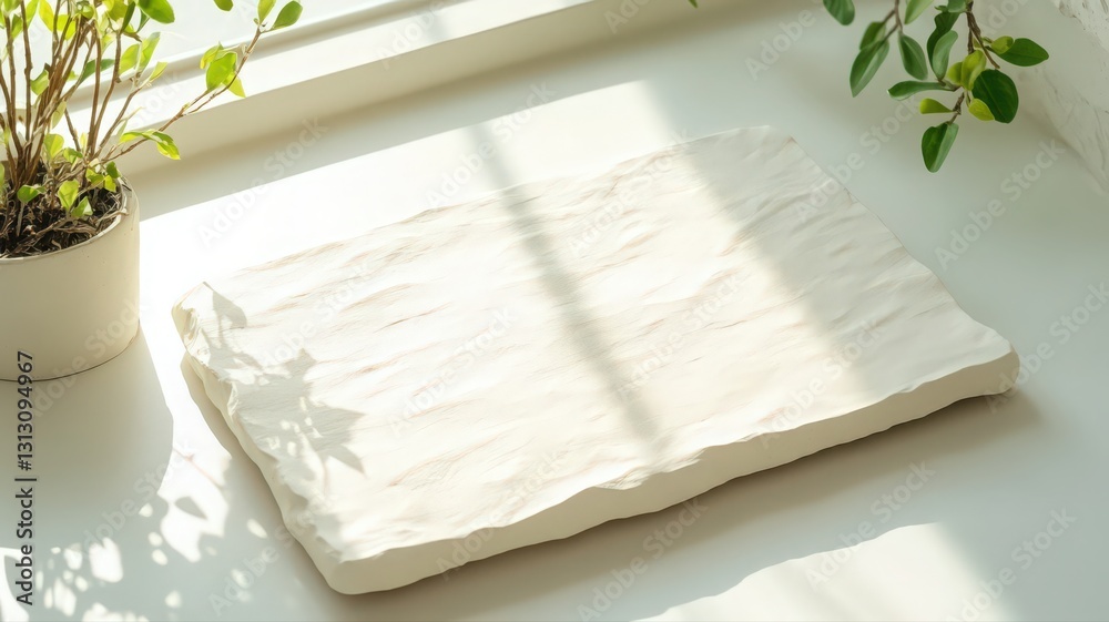 White Textured Rectangular Tray with Sunlight and Plants