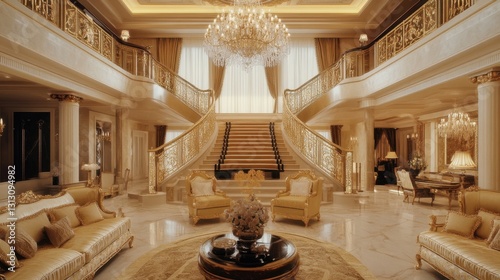 Wallpaper Mural A palatial luxury home with an elegant staircase, chandelier, and opulent gold-accented furniture. Torontodigital.ca