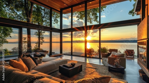 A peaceful lakefront home with wide glass windows, offering a stunning sunset view.