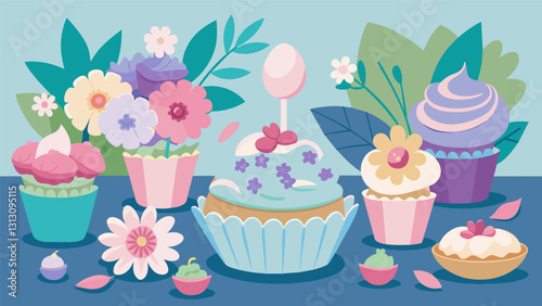 With an array of pastel icings and flowershaped toppings guests can create their own floralinspired cupcakes at the decorating party.. Vector illustration