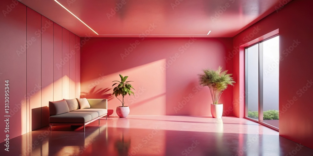 Fototapeta premium A modern minimalist living room bathed in warm sunlight, featuring a contemporary sofa and potted plants against a vibrant pink wall and sleek floor.