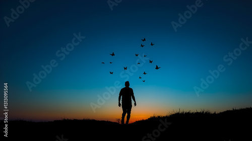 Silhouette of a man walking towards the horizon with butterflies flying away.