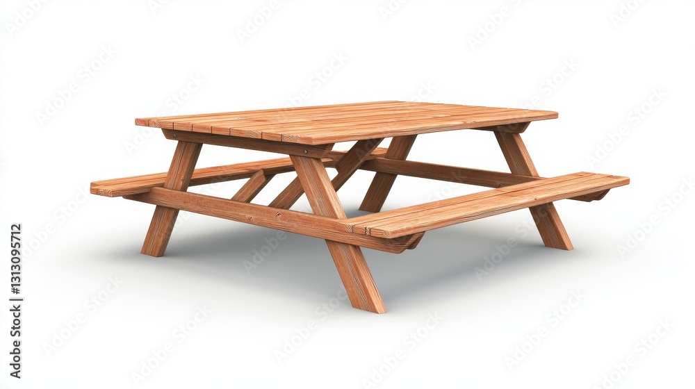 custom made wallpaper toronto digital93.A 3D realistic vector image of a wooden picnic table with extended benches, showing a durable outdoor design suitable for camping or park settings, isolated on a white background.