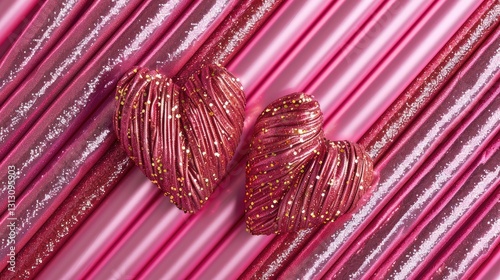 Two intricately designed pink hearts made of textured material placed on a vibrant pink background with glitter