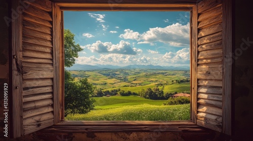 A rustic farmhouse window with wooden shutters  revealing rolling green hills under a blue sky.