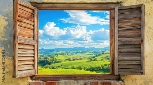 A rustic farmhouse window with wooden shutters  revealing rolling green hills under a blue sky.
