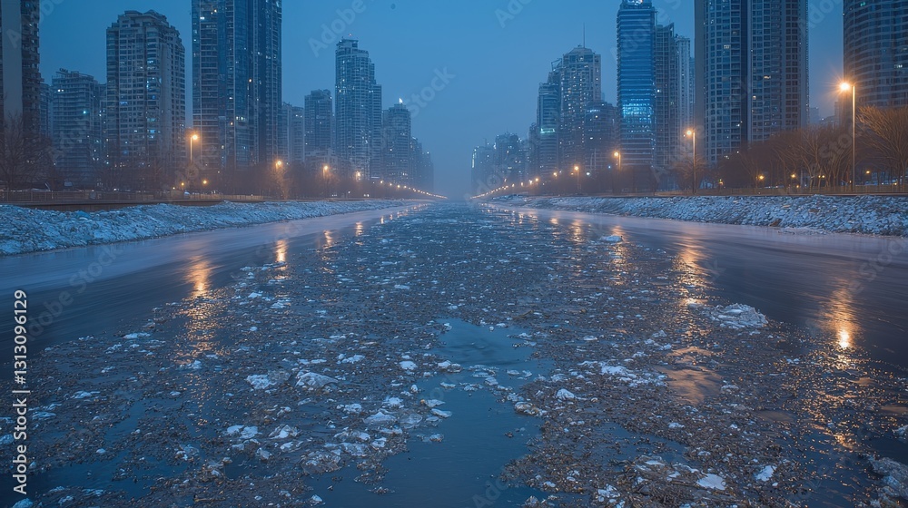 Obraz premium Urban Landscape with Frozen River and Ice in Evening Light