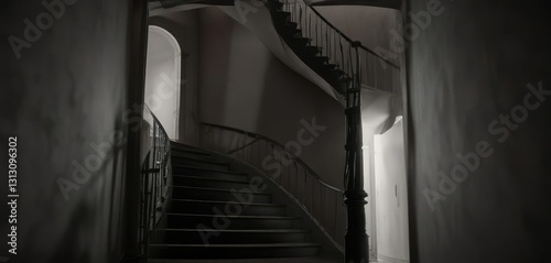 Narrow winding staircase leading down into darkness and then disappearing around a corner, spiral staircase, dark corner