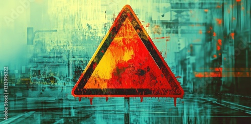 An artistic road sign warns of potential danger ahead on the road