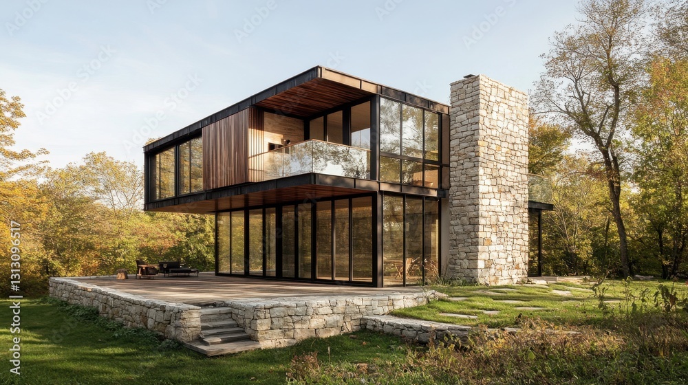 A serene modern villa in the countryside, featuring a combination of stone, wood, and glass elements. A serene modern villa in the countryside, featuring a combination of stone, wood, and glass elements.
