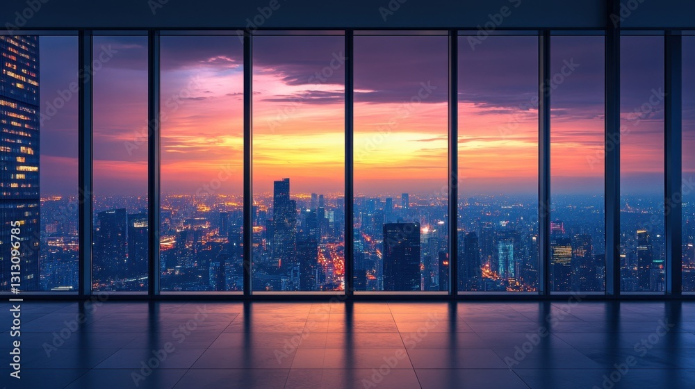 Fototapeta premium A sleek floor-to-ceiling window in a high-rise penthouse, overlooking a vibrant city skyline at dusk.